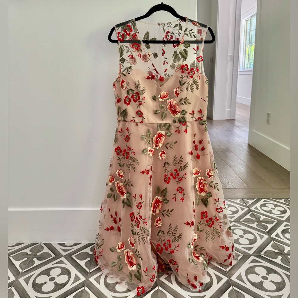 Nordstrom Floral Embroidered Midi Dress - Pink and Red